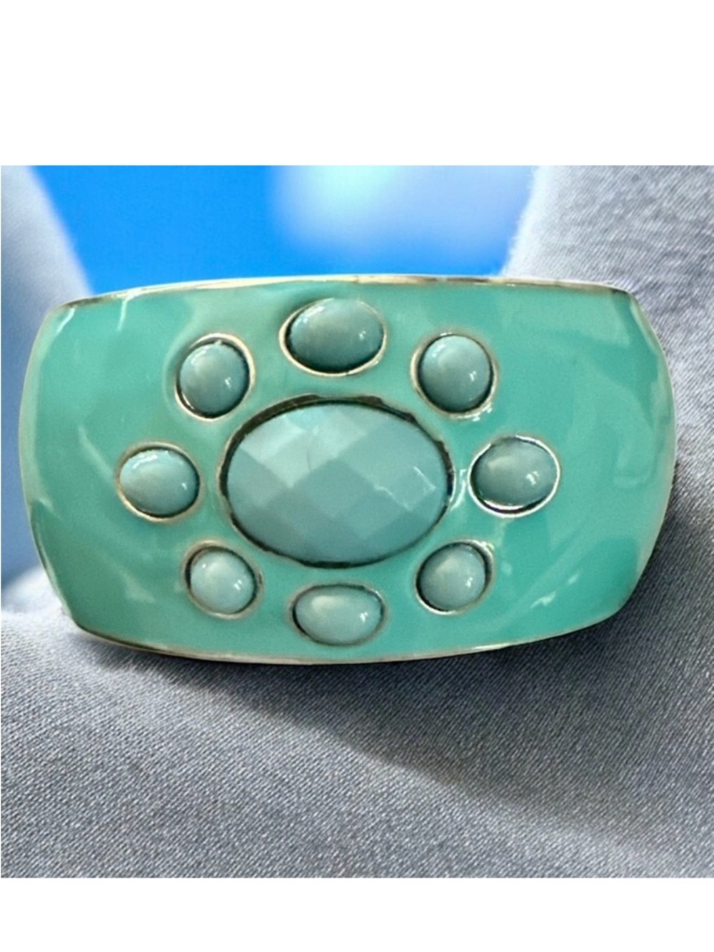 Turquoise Blue & Silver Wide Enamel Bangle Bracelet - NEW
